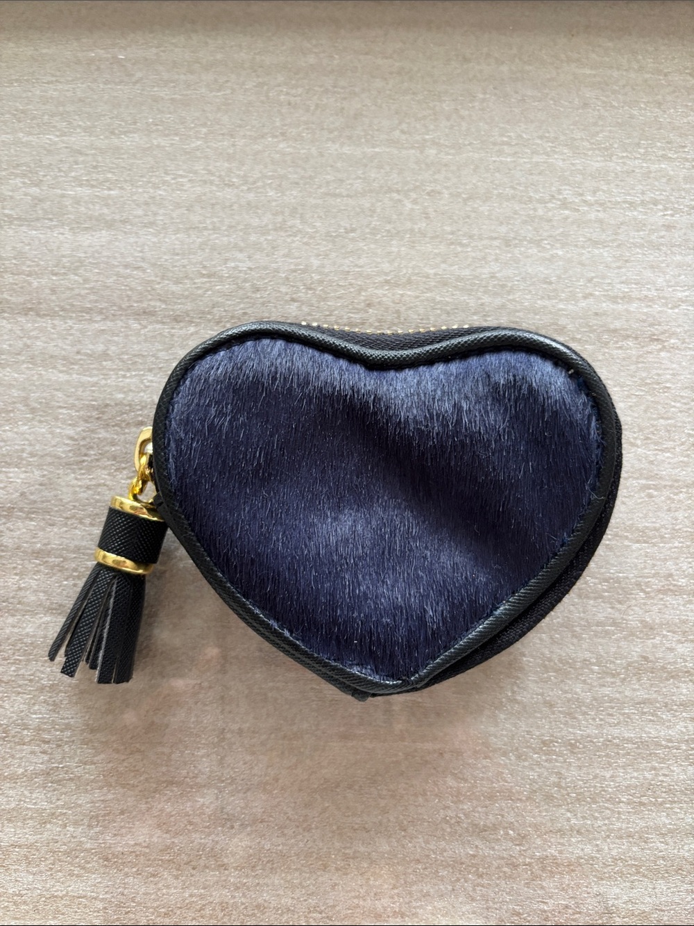Nieman Marcus Heart-Shaped Mini Coin Purse in Navy Faux-Fur with Tassel